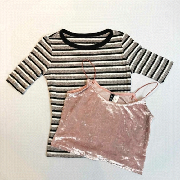 BUNDLE of 2 Tops Stripe Rib Tee And Crop Velour Camisole 💚 - Picture 1 of 8